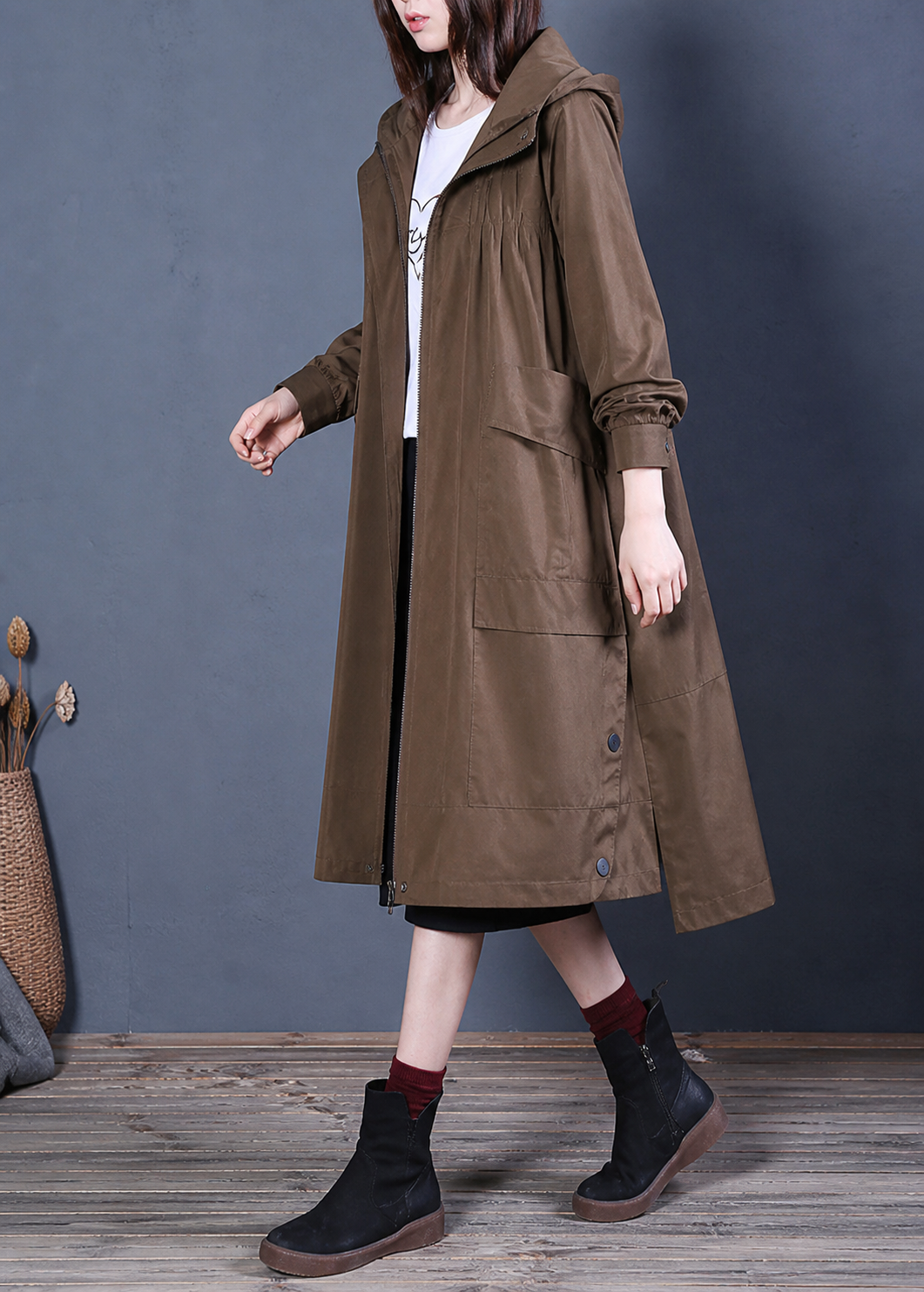 Trench-coat zippé à capuche pour femme