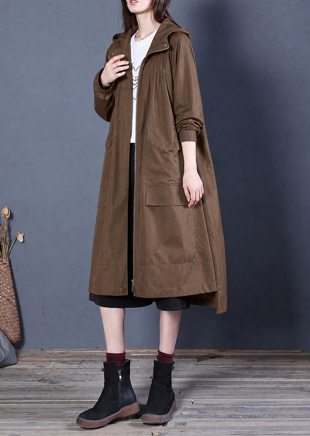 Trench-coat zippé à capuche pour femme
