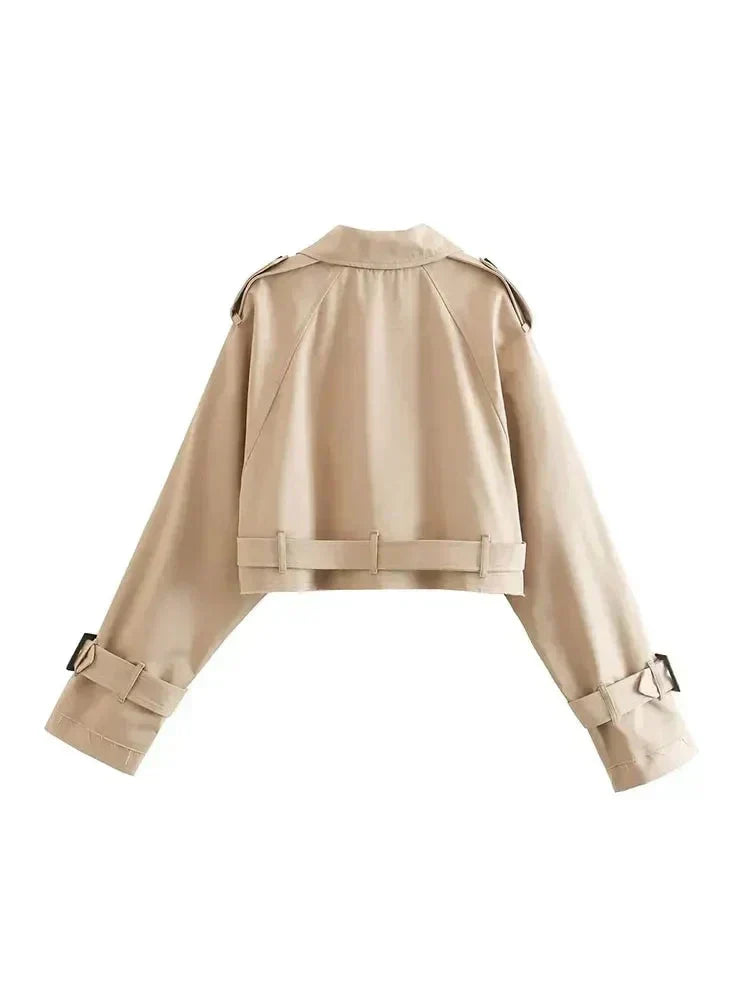 Court trench-coat - Trench-coat court croisé beige avec ceinture pour femme