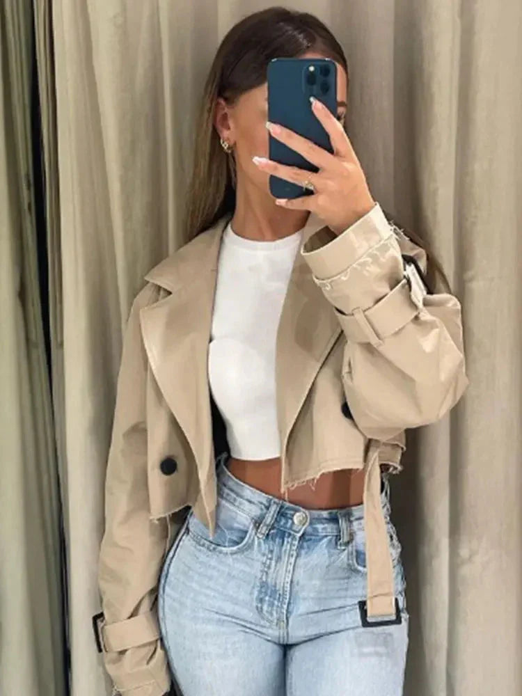 Court trench-coat - Trench-coat court croisé beige avec ceinture pour femme