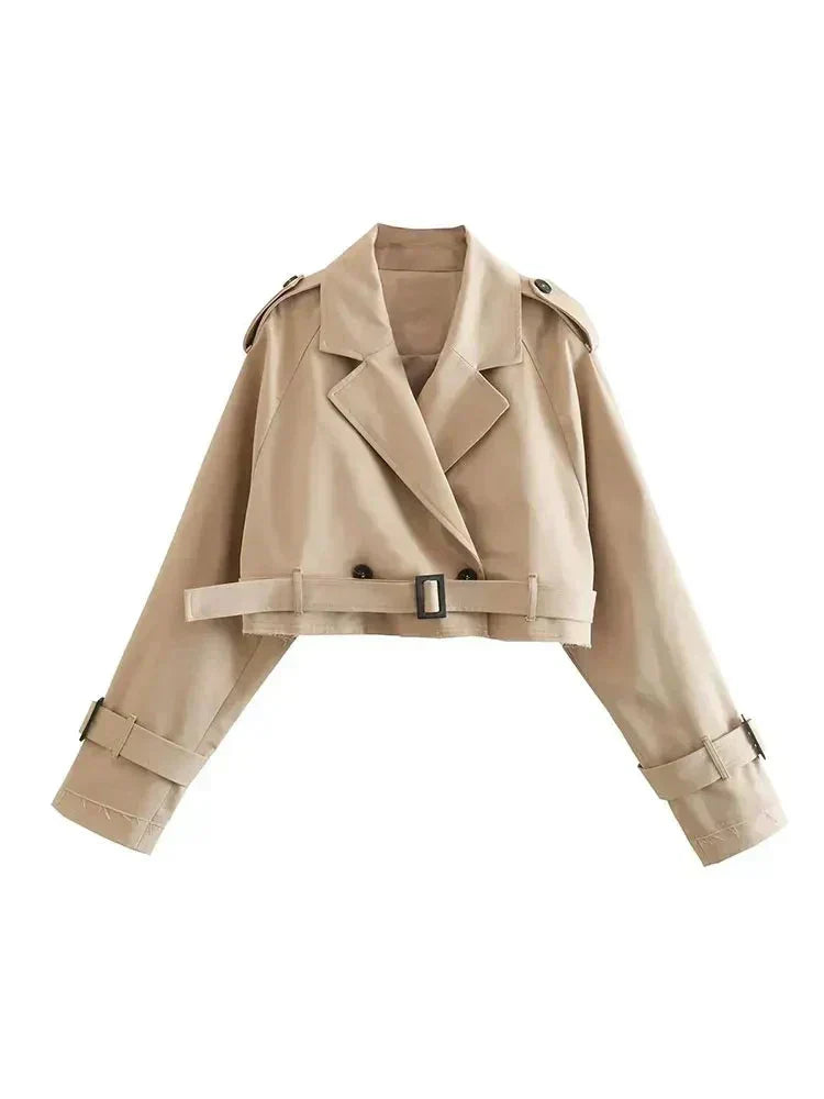 Court trench-coat - Trench-coat court croisé beige avec ceinture pour femme