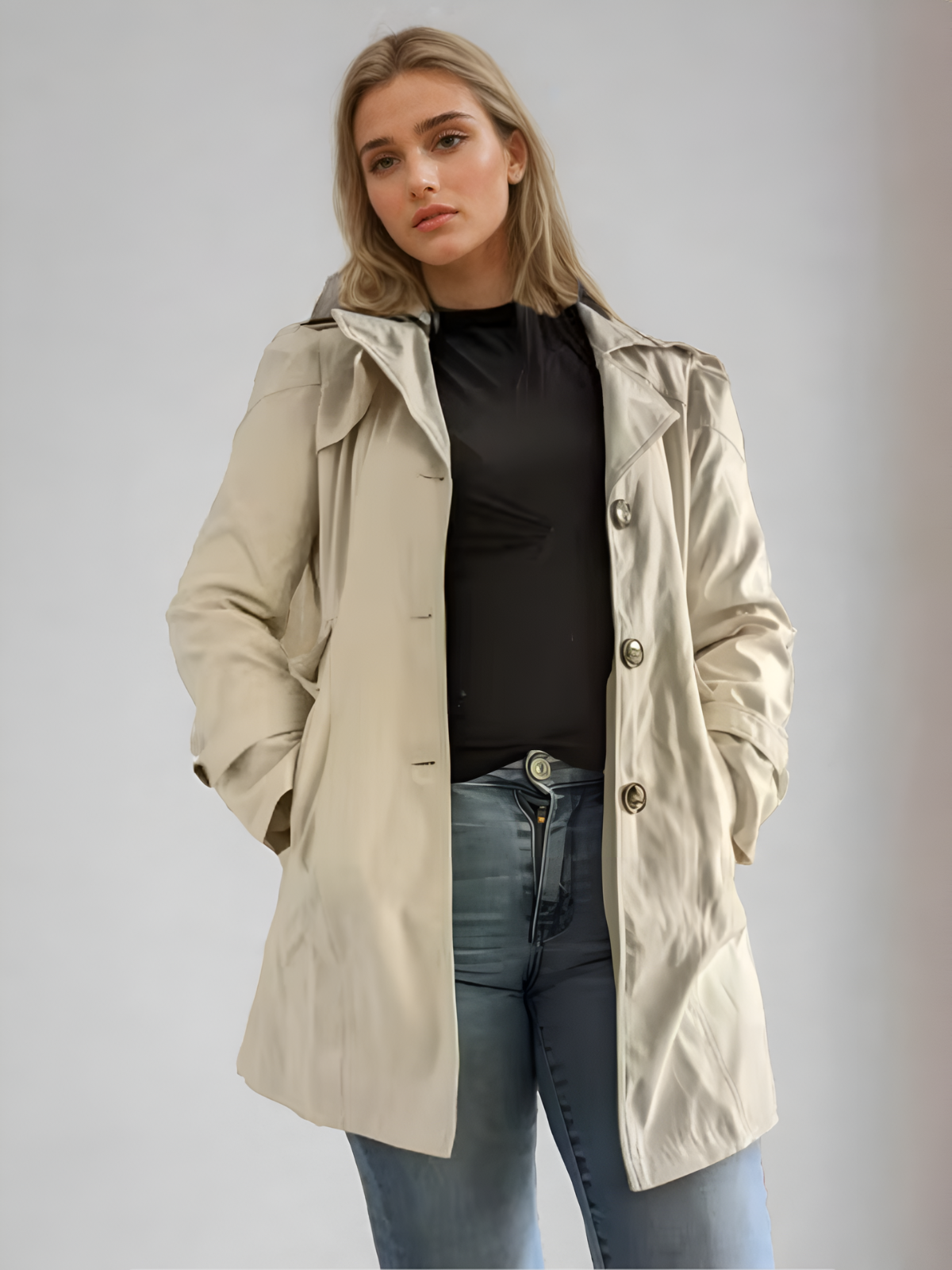 Trench-coat beige pour femme au design contemporain