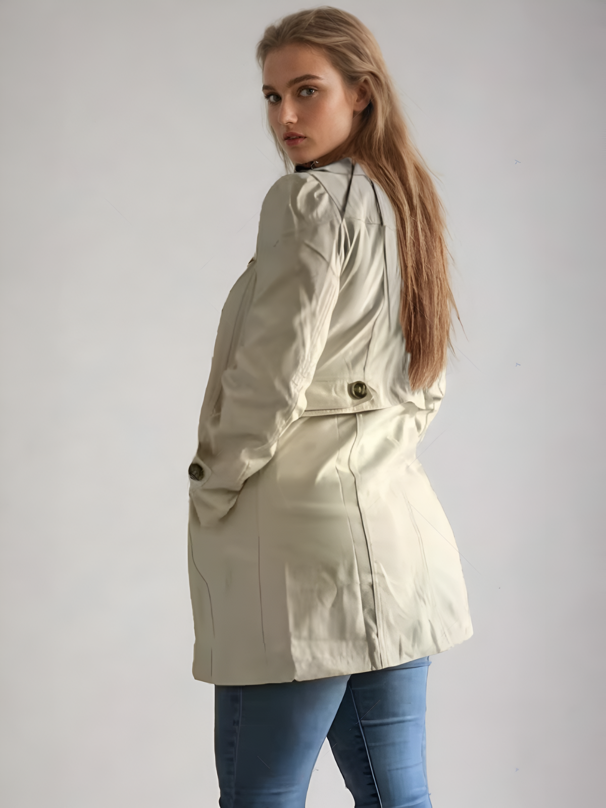 Trench-coat beige pour femme au design contemporain
