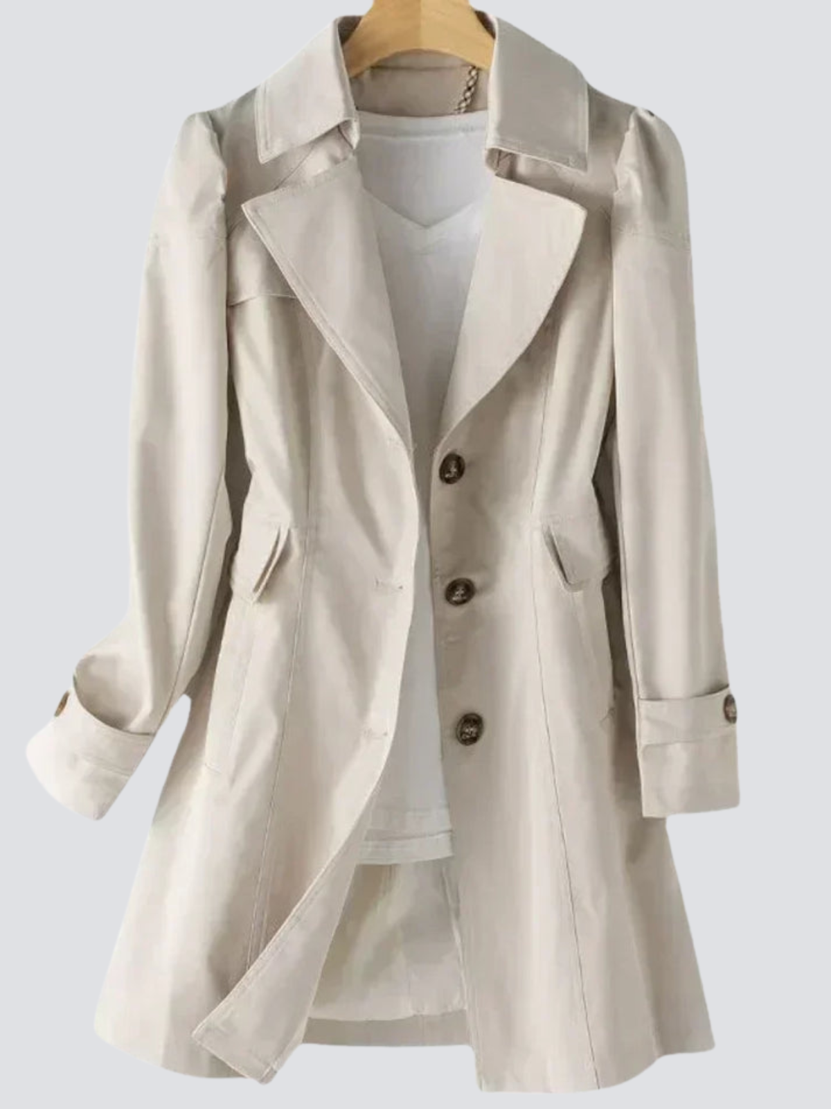 Trench-coat beige pour femme au design contemporain