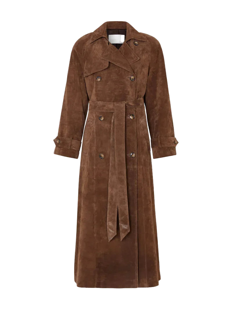 Trench-coat longue marron pour femme, idéale pour l'automne et l'hiver