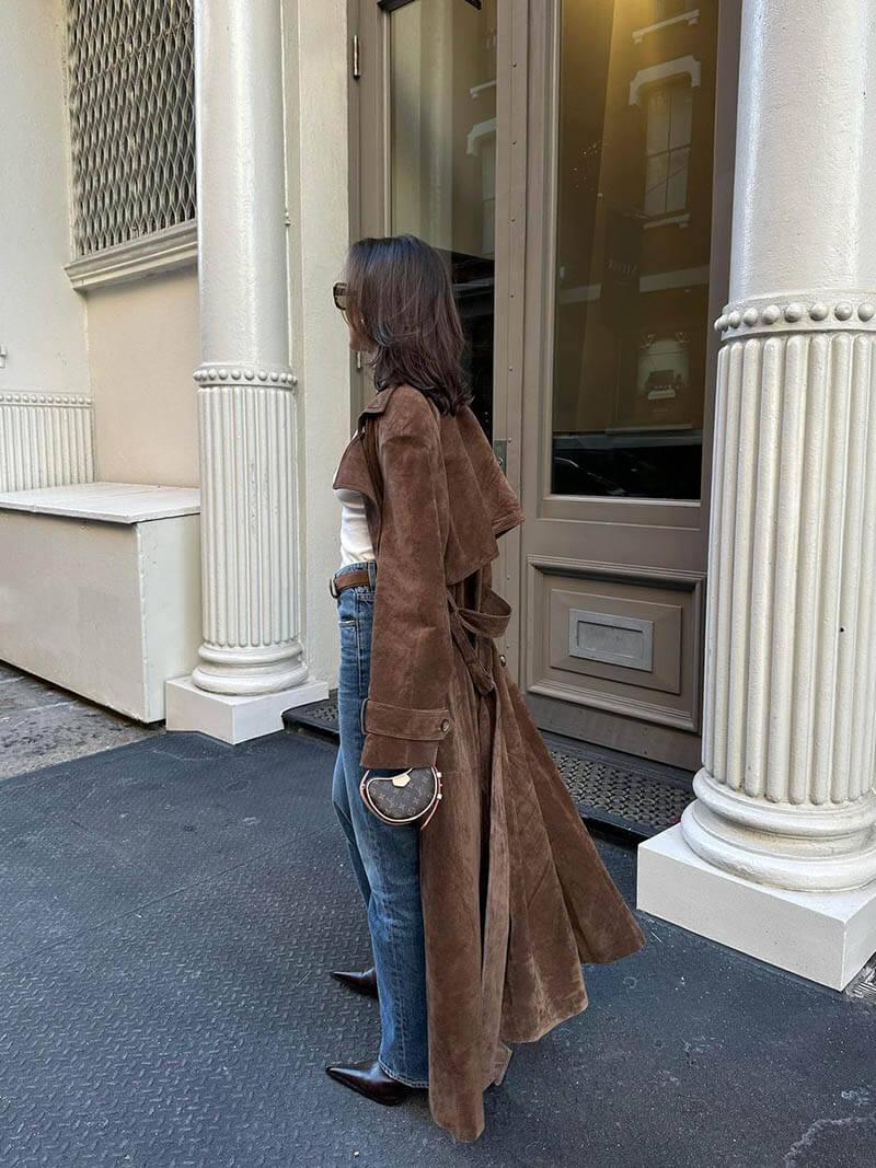 Trench-coat longue marron pour femme, idéale pour l'automne et l'hiver