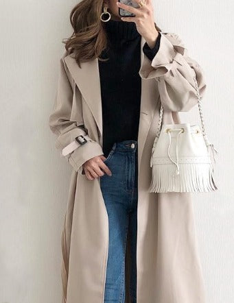 Long Trench Coat - Trench-coat imperméable beige à boutonnage simple pour femme