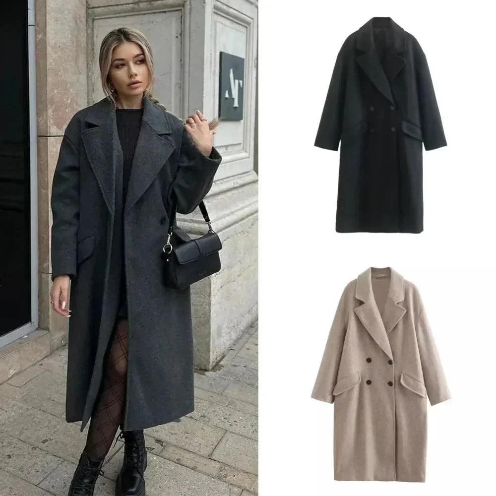 Trench-coat en laine - Double boutonnage - Ample - Long manteau en laine - Manteaux et vestes d'hiver pour femmes