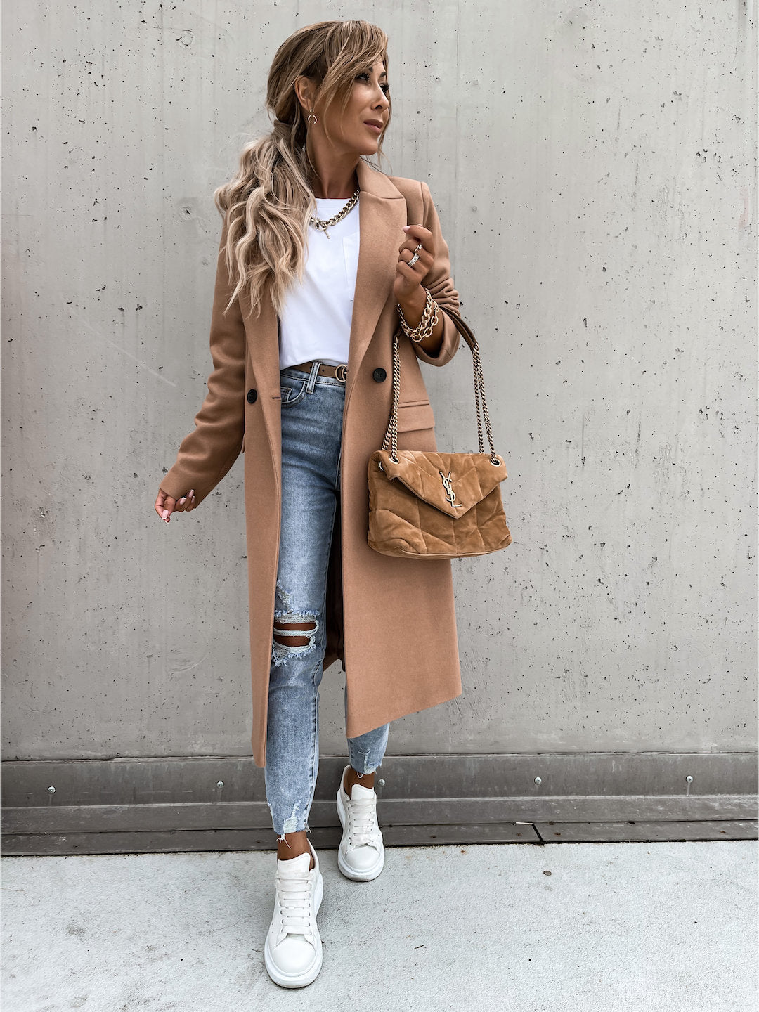 Trench-coat en laine – Long manteau croisé en laine mélangée pour femme