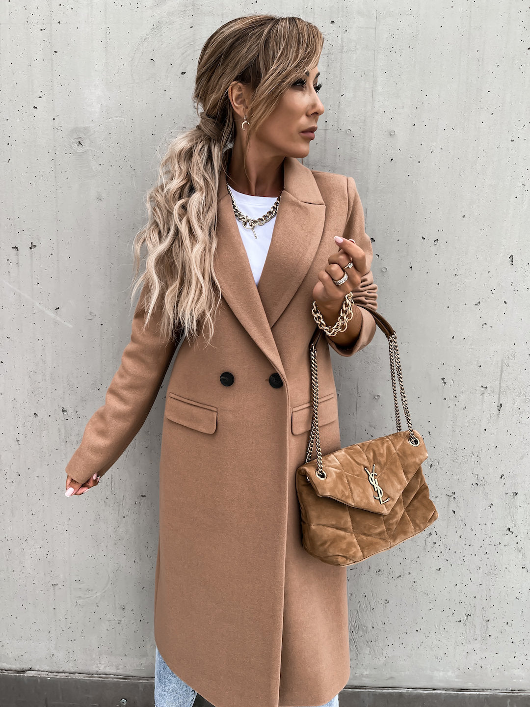 Trench-coat en laine – Long manteau croisé en laine mélangée pour femme