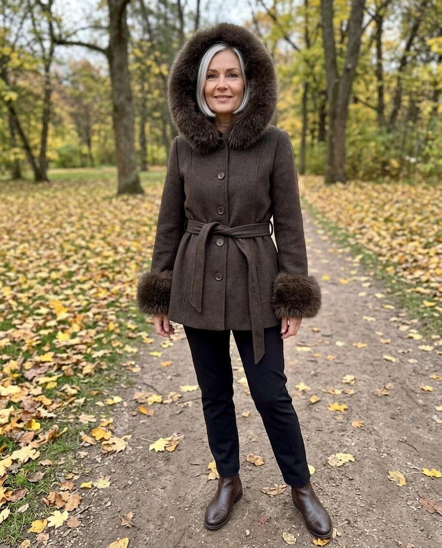 Brun kappa med huvan uppe på en höstpromenad i parken, med boots