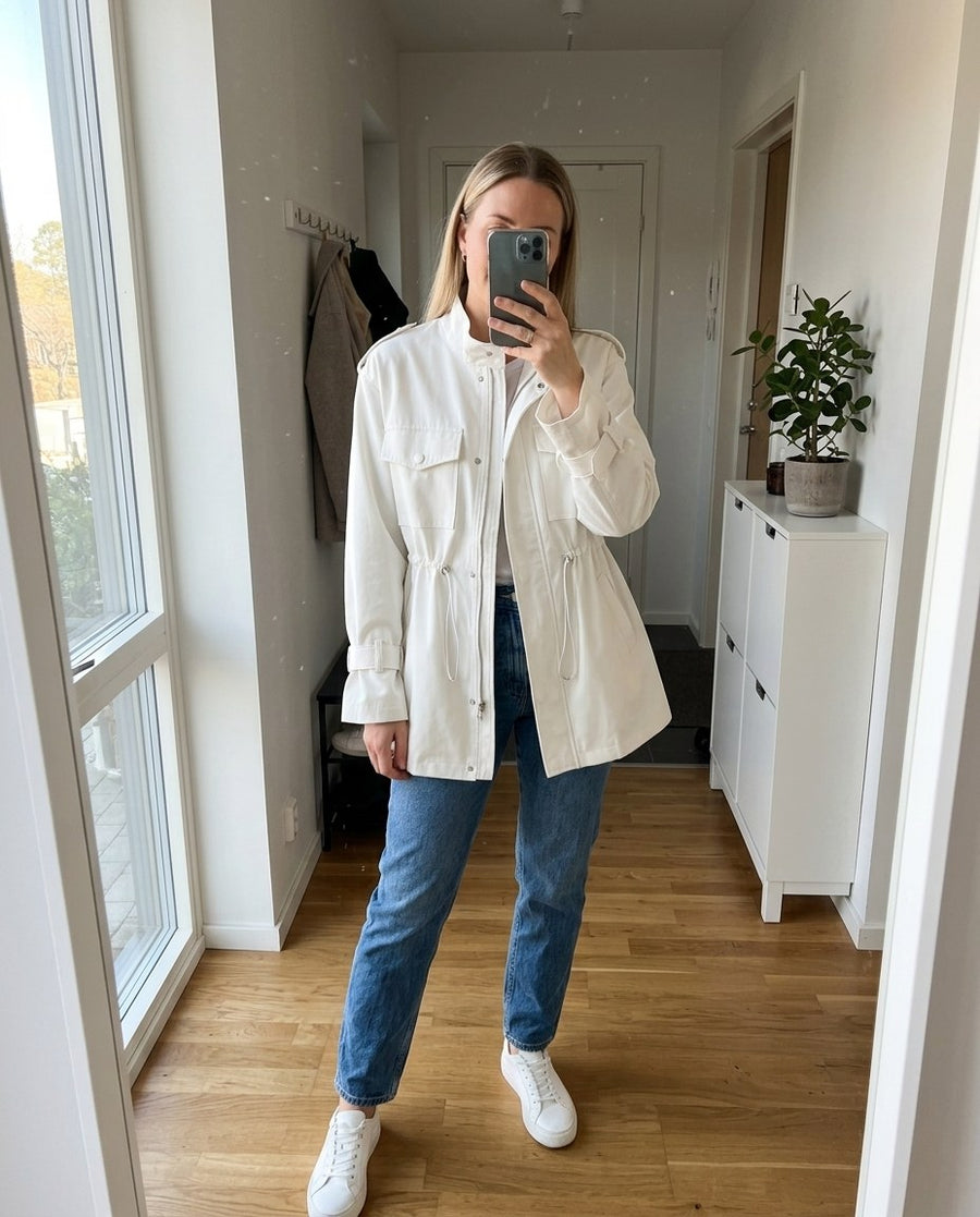 Patricia, dam cargo-trenchcoat inför hösten i vit, stylinginspiration spegelbild i hallen