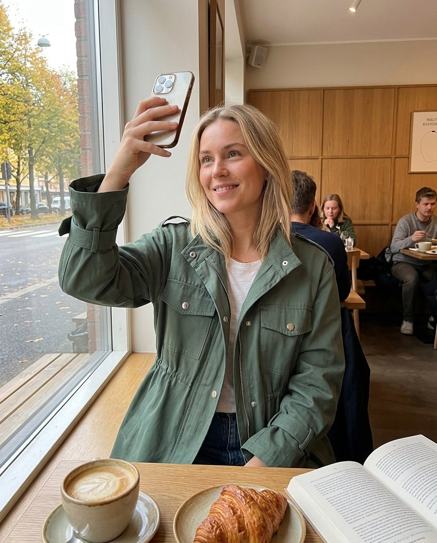 Patricia, dam cargo-trenchcoat inför hösten i grön, stylinginspiration på ett kafé