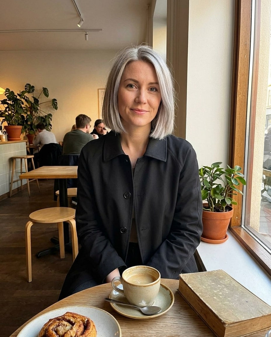 Evig Elegans, dam kort trenchcoat med krage i svart, stylinginspiration på ett kafé