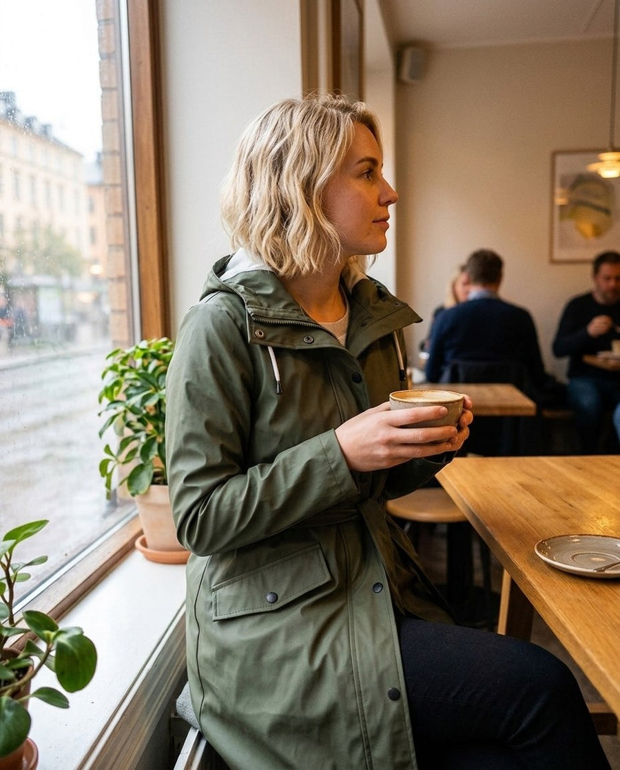 Dam Vindtät Trenchcoat med Vattenavvisande Funktion, dam vindtät trenchcoat med vattenavvisande funktion i armégrön, stylinginspiration på ett kafé