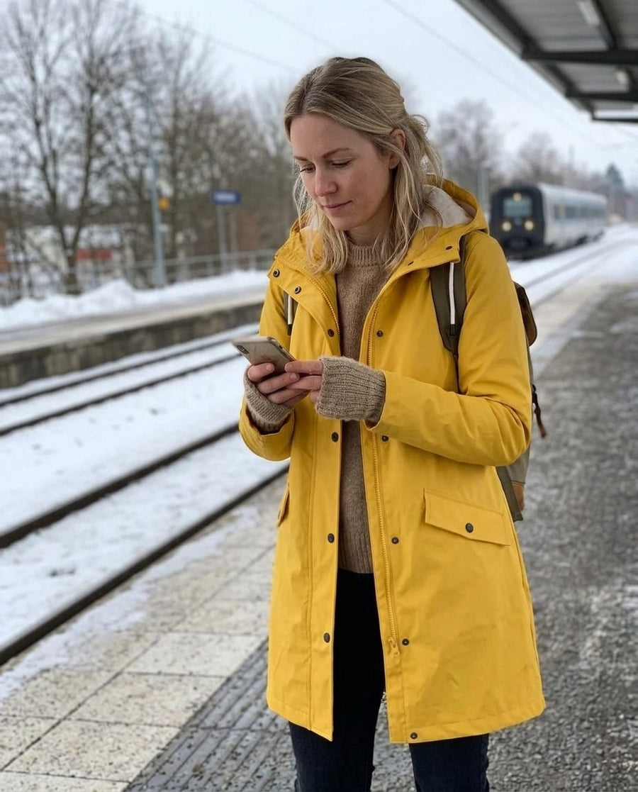 Dam Vindtät Trenchcoat med Vattenavvisande Funktion, dam vindtät trenchcoat med vattenavvisande funktion i gul, stylinginspiration på en perron