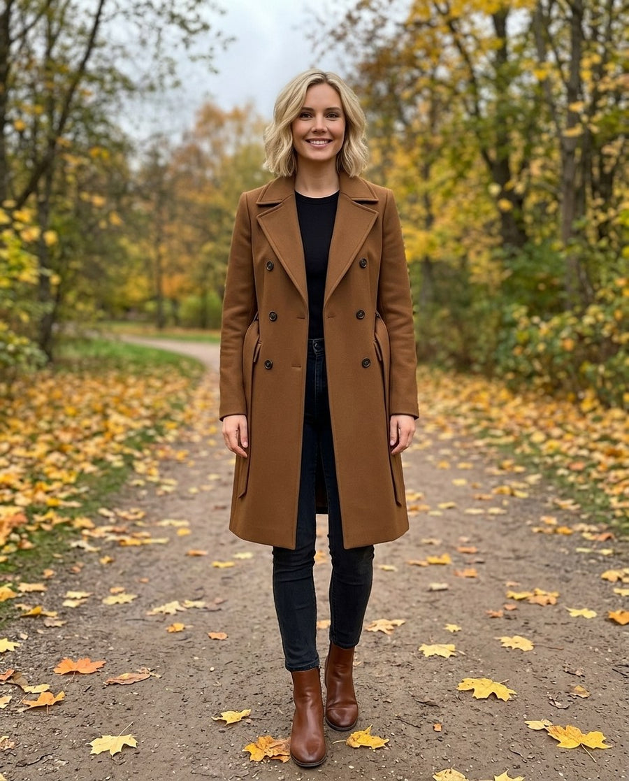 Damer Dubbelknäppt Trenchcoat i Traditionell Stil, damer dubbelknäppt trenchcoat i traditionell stil i brun, stylinginspiration i en höstpark