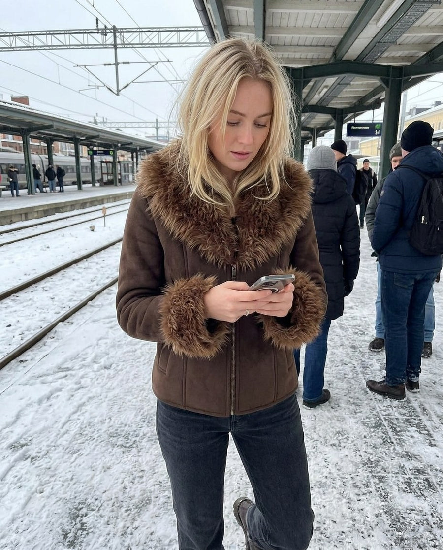 Nora, damjacka i mockalook med fuskpälskant i brun, stylinginspiration på en perron