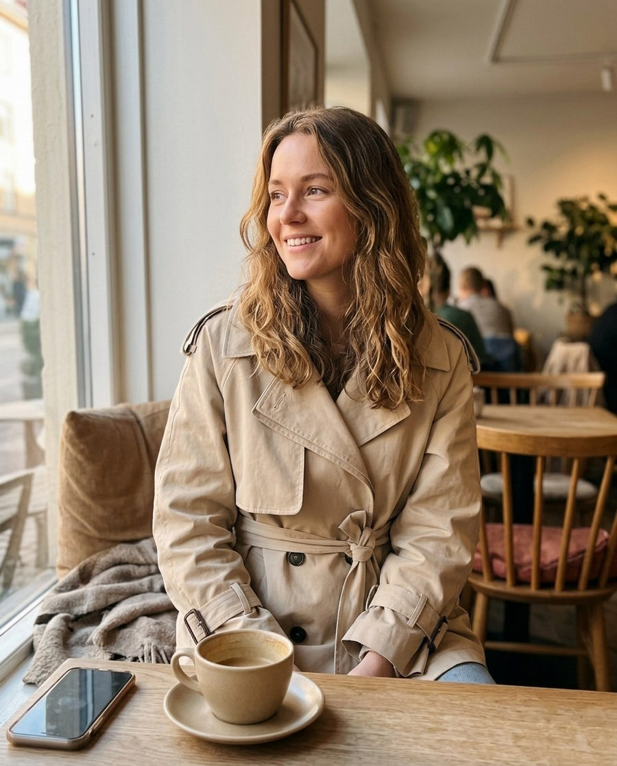 Rosemary, damtrenchcoat dubbelknäppt med skärp i beige, stylinginspiration på ett kafé