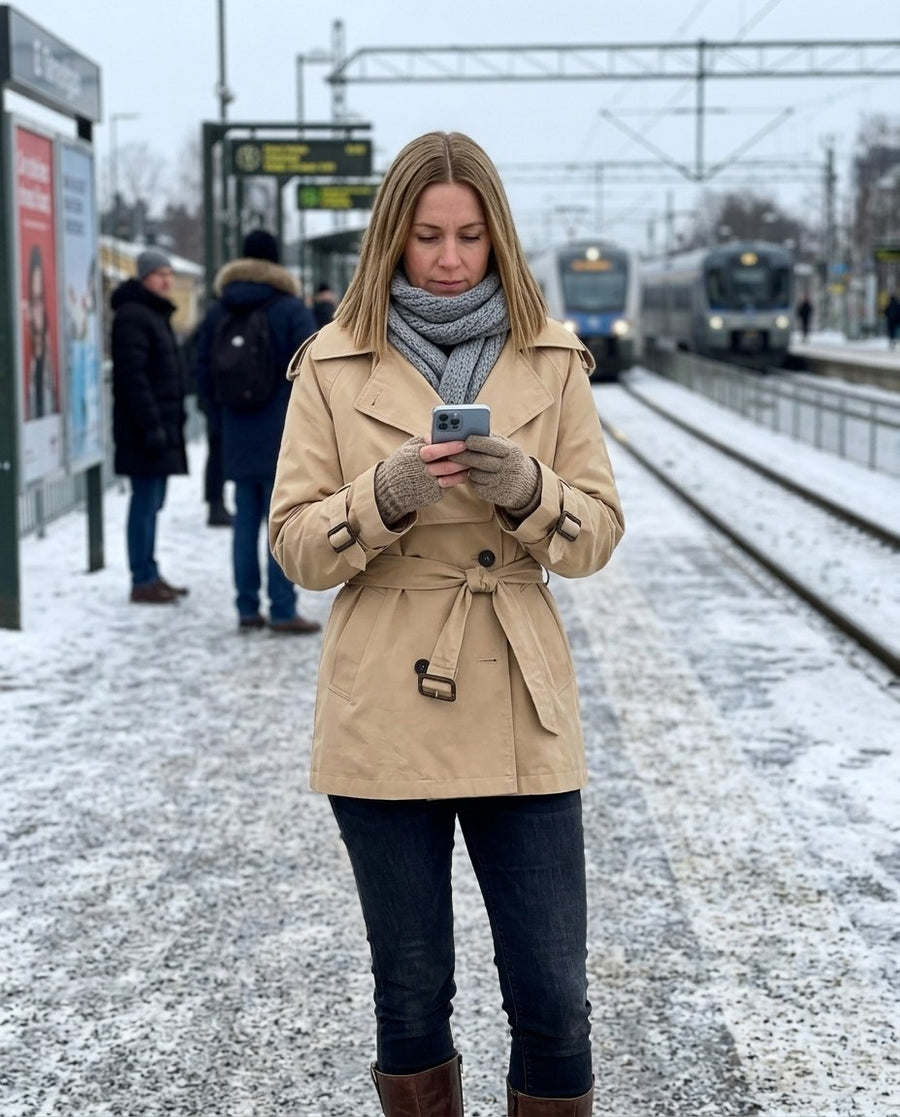 Rosemary, damtrenchcoat dubbelknäppt med skärp i beige, stylinginspiration på en perron