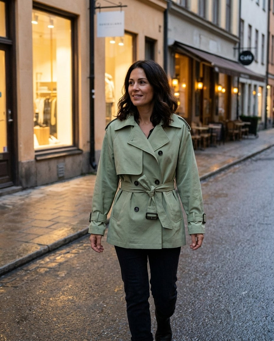 Rosemary, damtrenchcoat dubbelknäppt med skärp i grön, stylinginspiration en kväll i stan