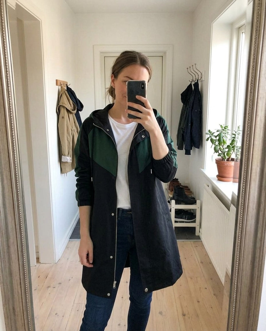 Marit, damtrenchcoat med luva i grön, stylinginspiration spegelbild i hallen