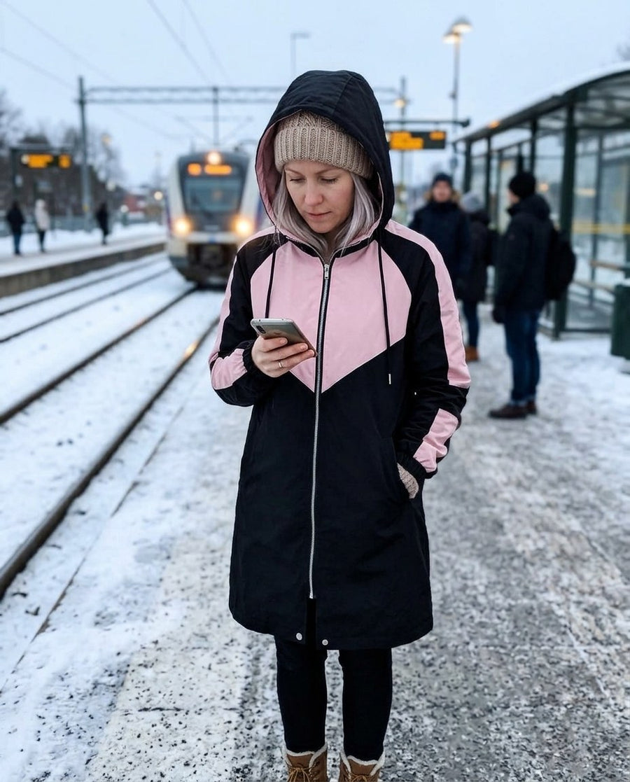 Marit, damtrenchcoat med luva i rosa, stylinginspiration på en perron