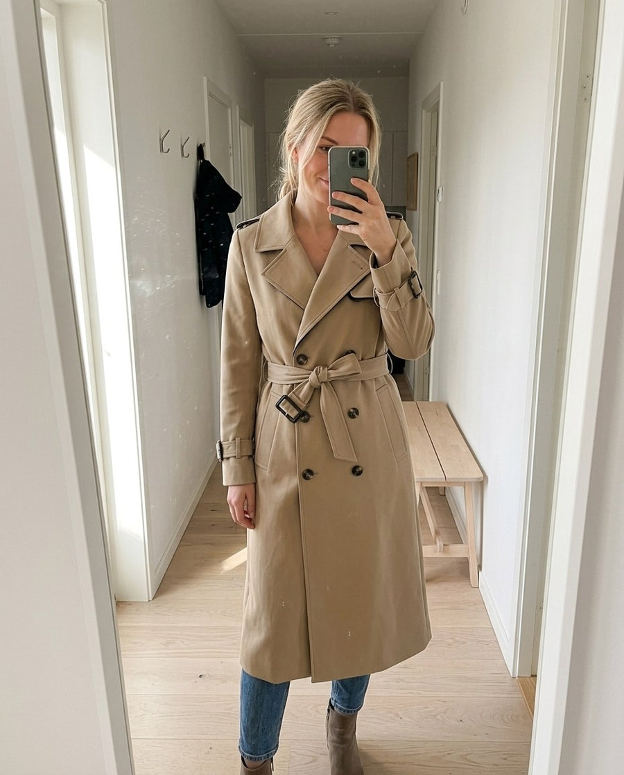 Sophia, damtrenchcoat med midja och knäppning i khaki, stylinginspiration spegelbild i hallen