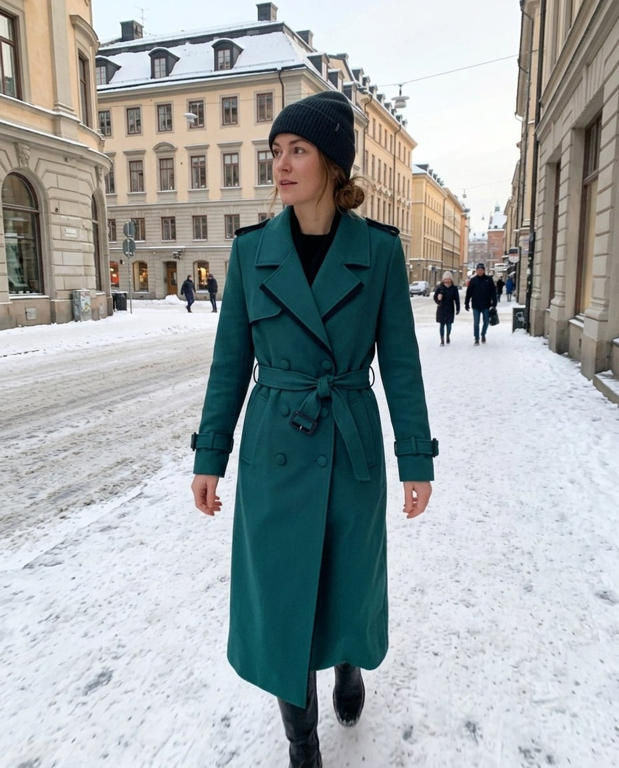 Sophia, damtrenchcoat med midja och knäppning i blå, stylinginspiration på en snöig gata