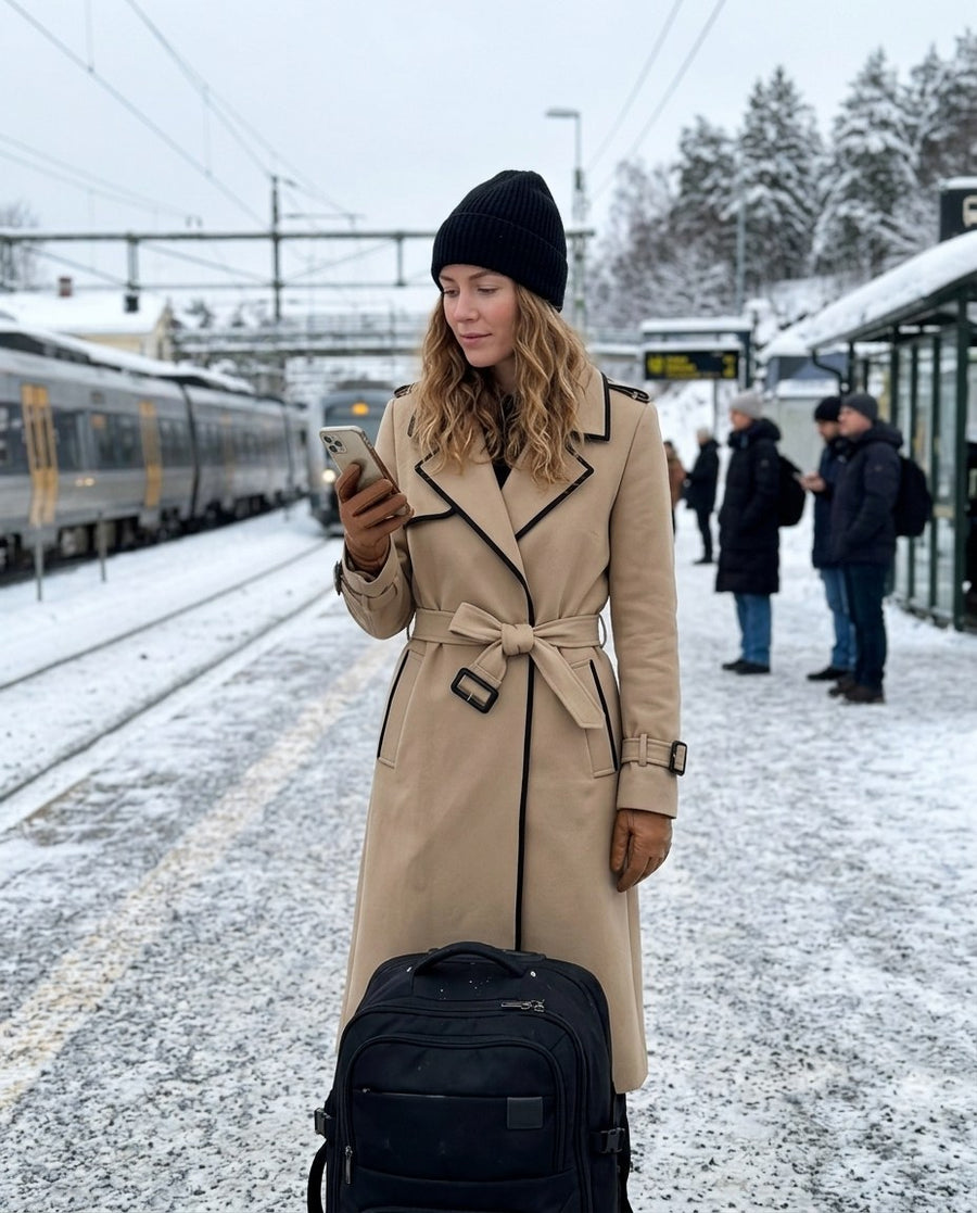 Sophia, damtrenchcoat med midja och knäppning i khaki, stylinginspiration på en perron