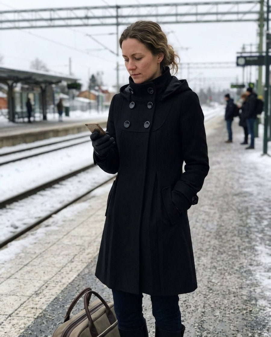 Jackor för kvinnor, dress coat i svart, stylinginspiration på en perron