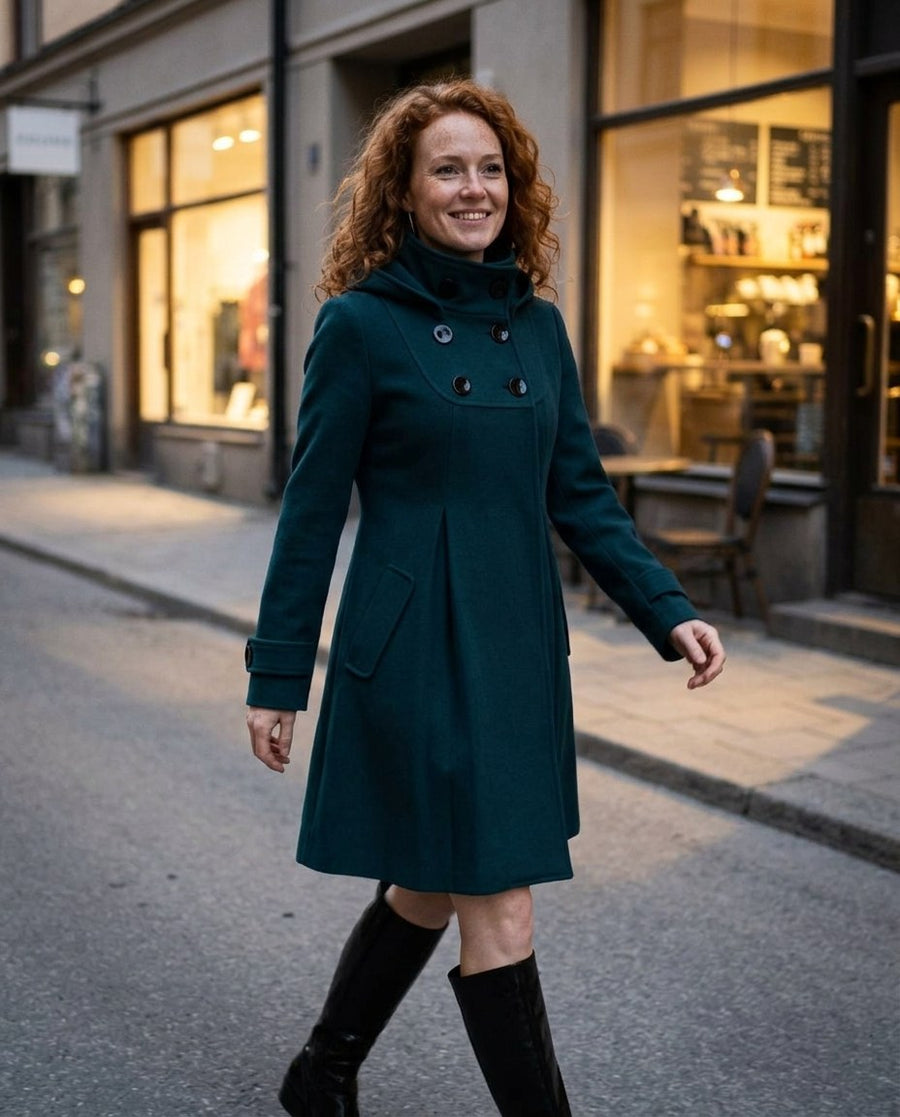 Jackor för kvinnor, dress coat i mörkgrön, stylinginspiration en kväll i stan