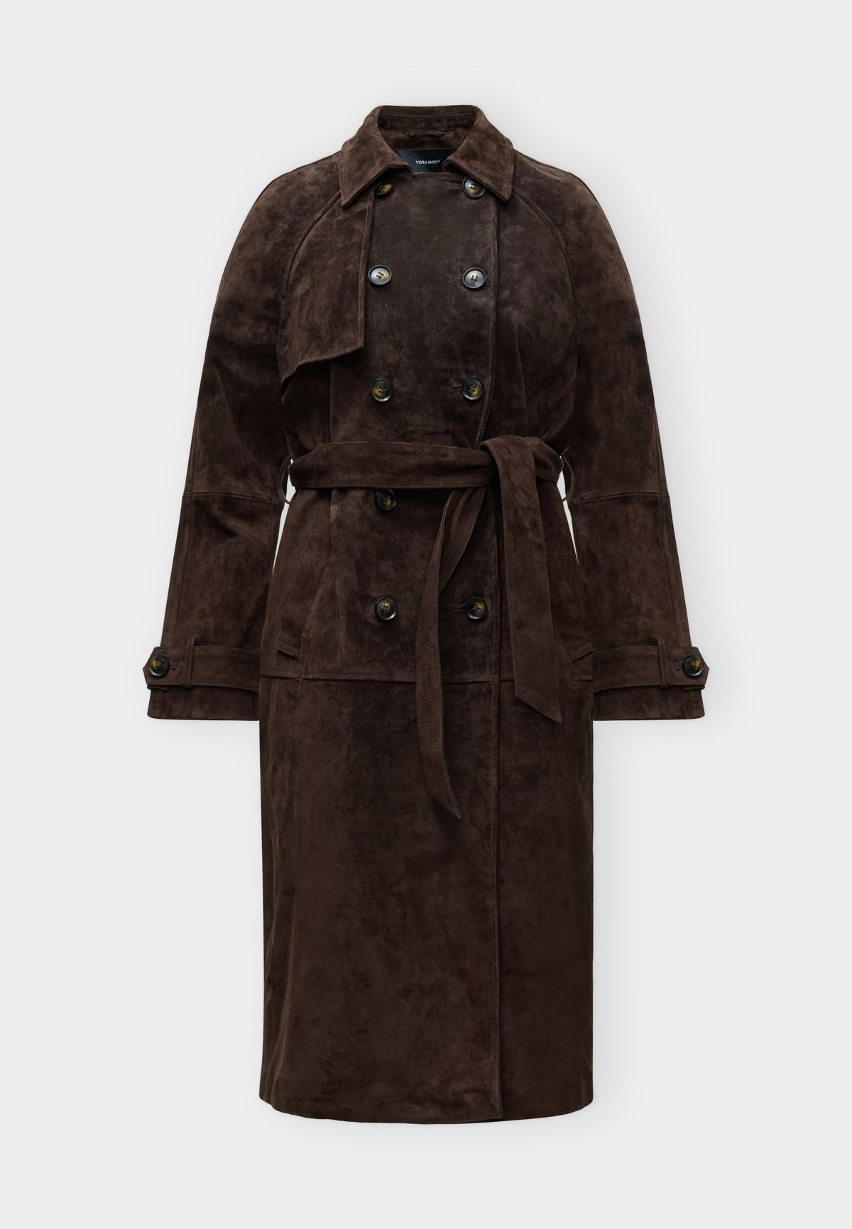 Edith, mörkbrun lång trenchcoat i mockaimitation, produktbild