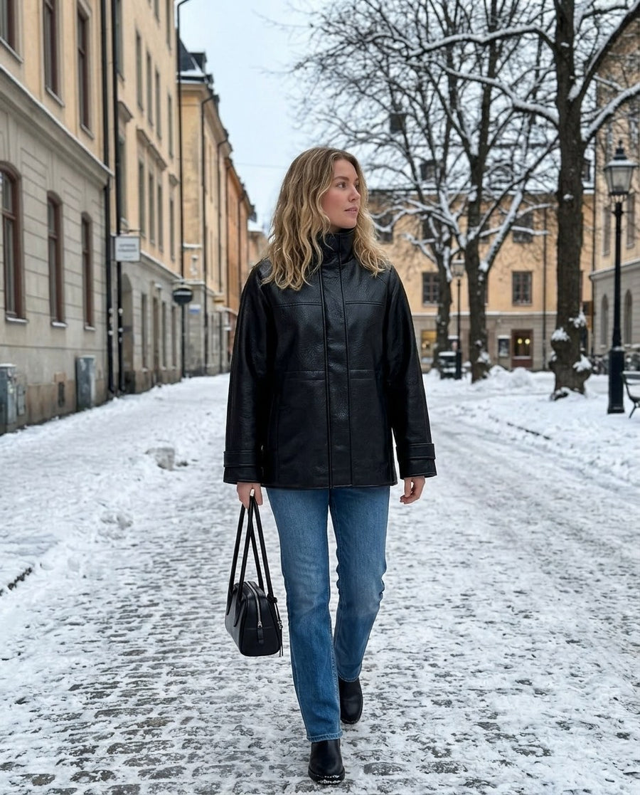 Astrid, jacka i skinnimitation med hög krage för dam i svart, stylinginspiration på en snöig gata