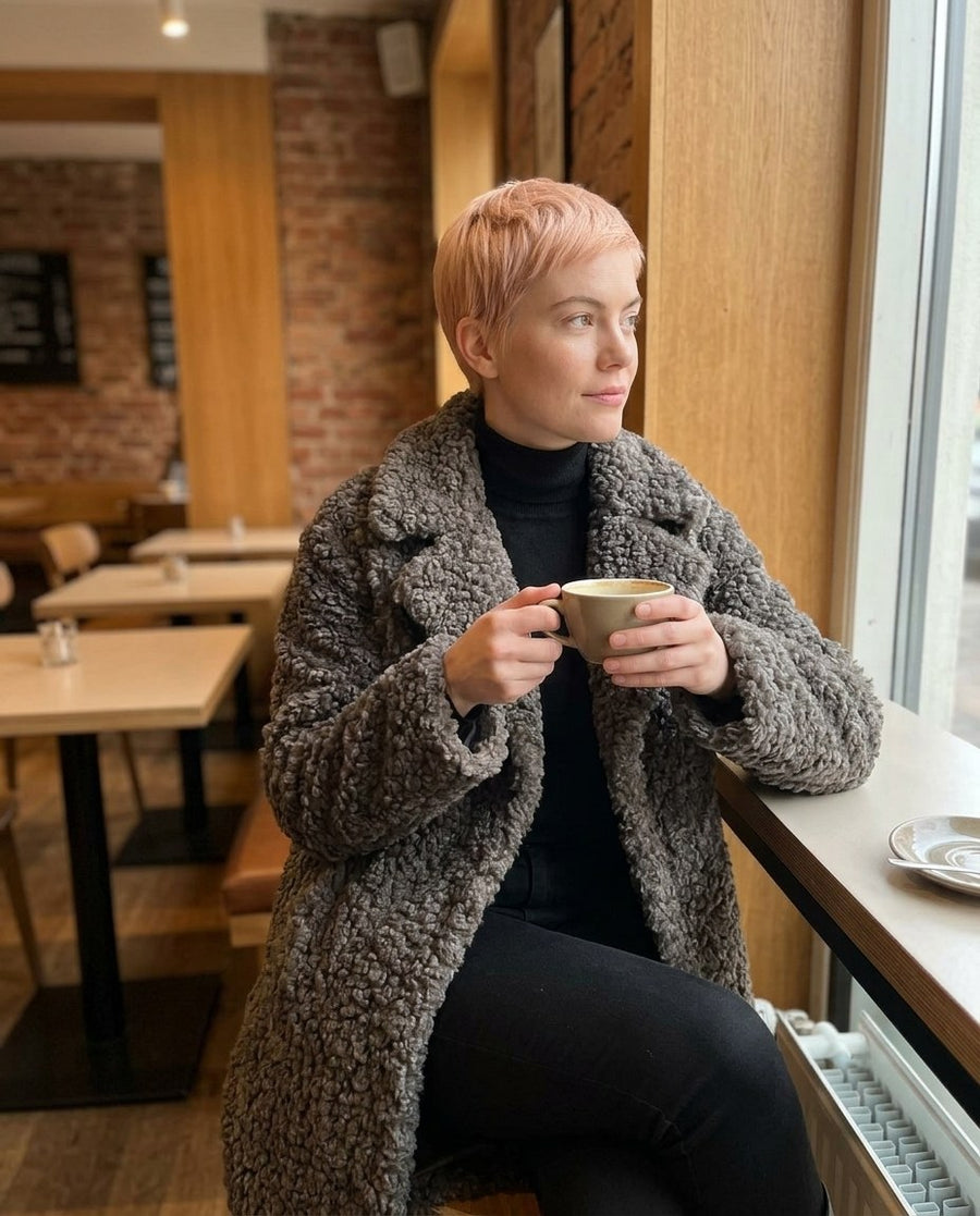Alma, knälång kappa i lockig fuskpäls för dam i grå, stylinginspiration på ett kafé