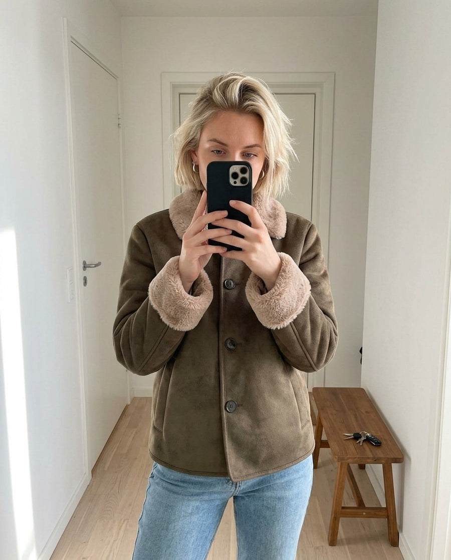 Elsa, kort damjacka i mockalook med teddykrage i olivbrun, stylinginspiration spegelbild i hallen