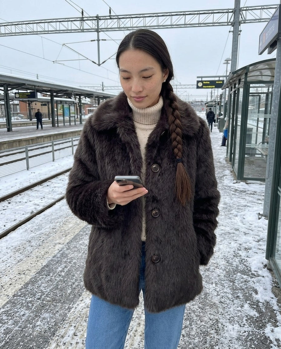 Freja, kort fuskpälsjacka för dam i mörkbrun, stylinginspiration på en perron