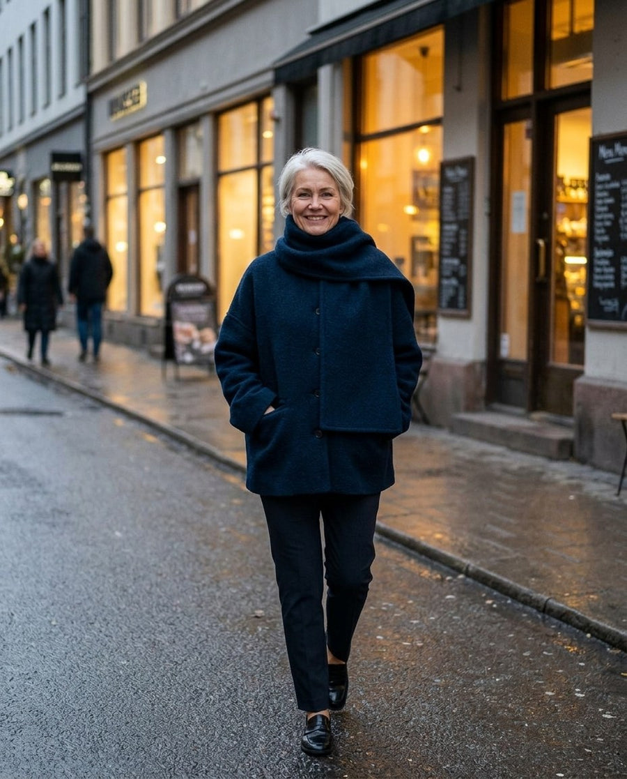 Ebba, kort kappa i ullmix med halsduk för dam i mörkblå, stylinginspiration en kväll i stan