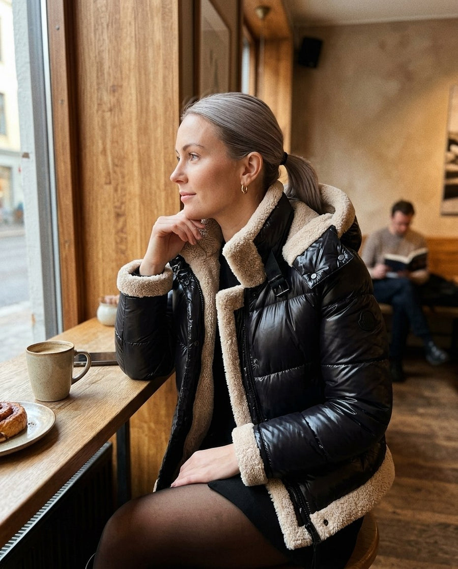 Ingrid, kort pufferjacka med teddyfoder för dam i svart, stylinginspiration på ett kafé