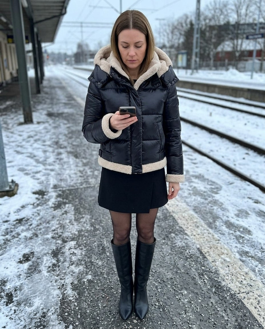 Ingrid, kort pufferjacka med teddyfoder för dam i svart, stylinginspiration på en perron