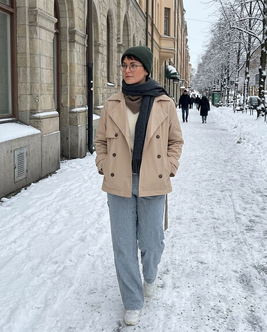 Trench Coat Dam, kort trench coat, stylinginspiration på en snöig gata