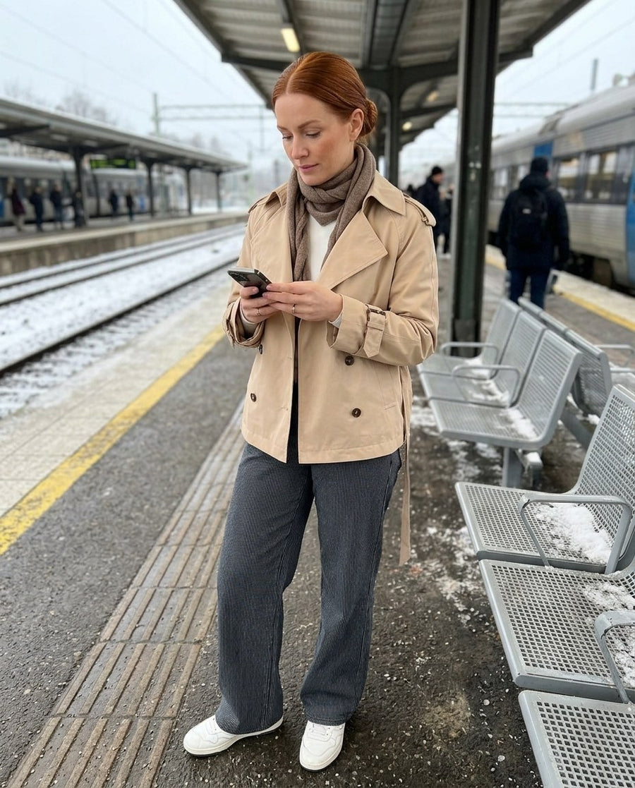Trench Coat Dam, kort trench coat, stylinginspiration på en perron