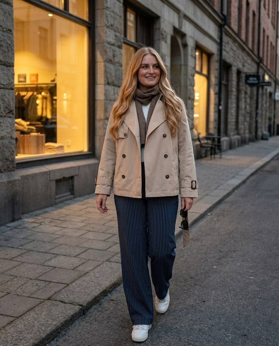 Trench Coat Dam, kort trench coat, stylinginspiration en kväll i stan