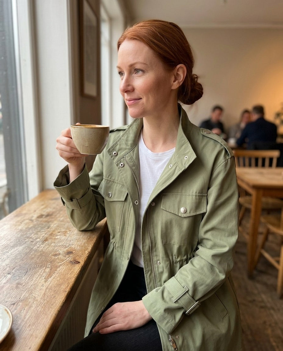 Clarisse, kort trenchcoat för dam i grön, stylinginspiration på ett kafé