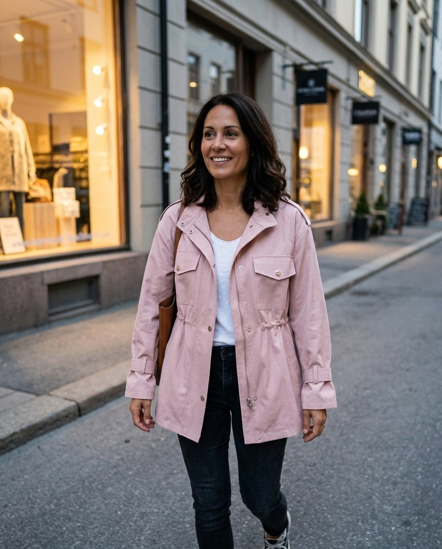 Clarisse, kort trenchcoat för dam i rosa, stylinginspiration en kväll i stan