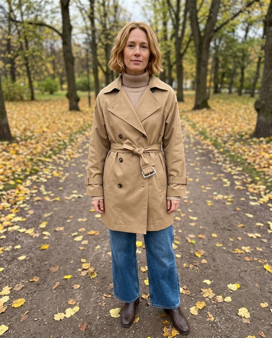 Elin, kort trenchcoat med skärp för dam i beige, stylinginspiration i en höstpark