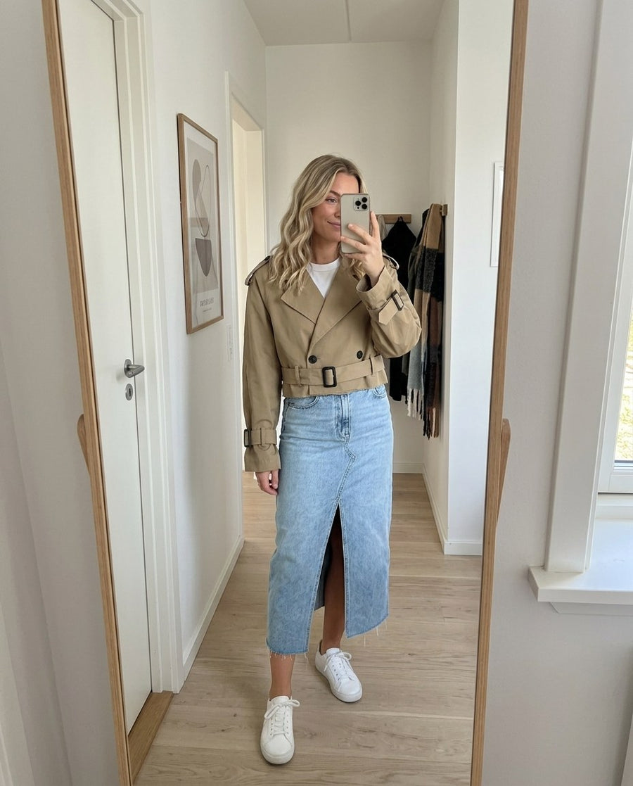 damjacka, kort trenchjacka i khaki, stylinginspiration spegelbild i hallen