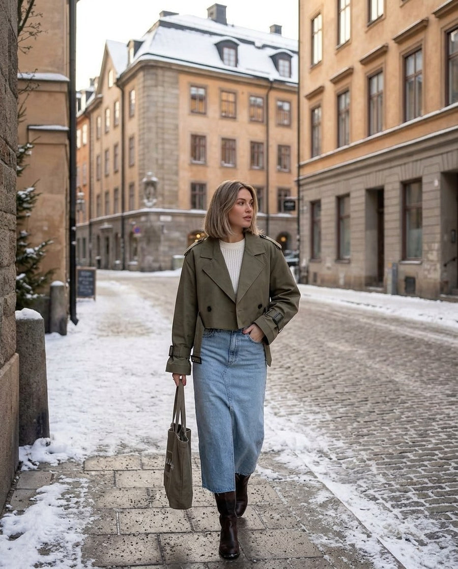 damjacka, kort trenchjacka i armégrön, stylinginspiration på en snöig gata