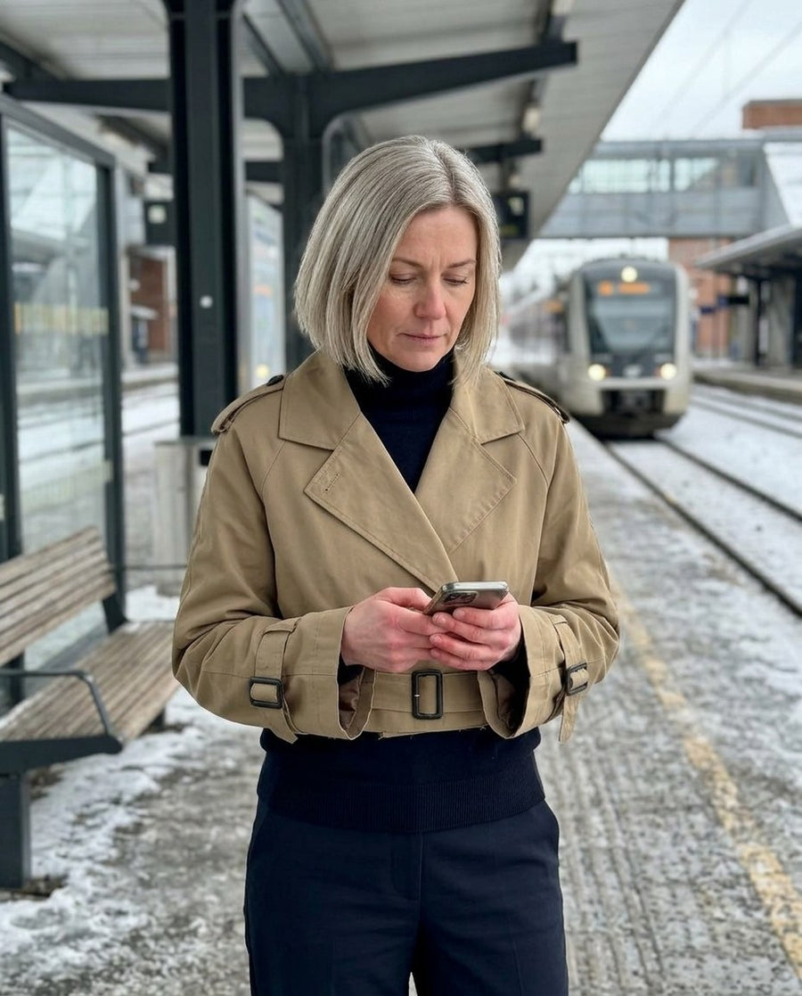 damjacka, kort trenchjacka i khaki, stylinginspiration på en perron