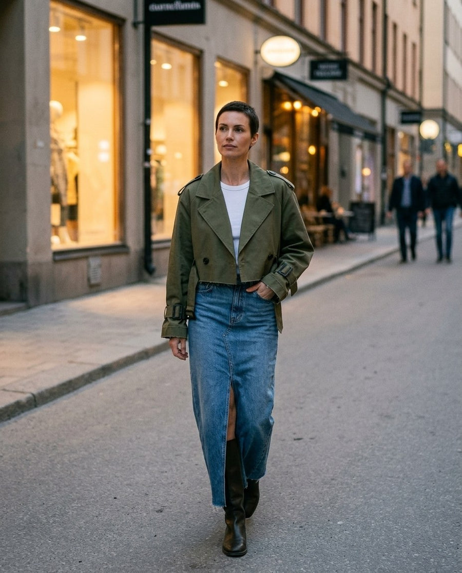 damjacka, kort trenchjacka i armégrön, stylinginspiration en kväll i stan